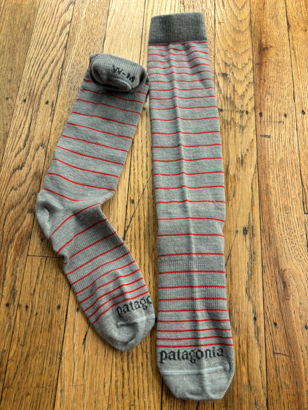Patagonia Gray Crew Socks with Red Stripes